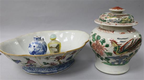 A Chinese blue & white snuff bottle, 19th Century, a Canton lidded pot, an oval lobed shallow dish and a glass snuff bottle (4)